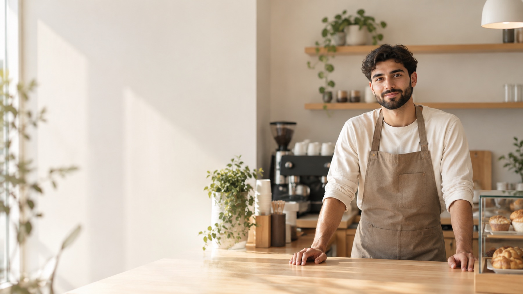 A coffee shop owner smiling behind the counter of a bright, minimal cafe